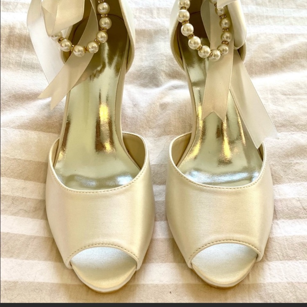 Ivory Satin Wedding Heels With Pearl Ribbon Ankle Ties